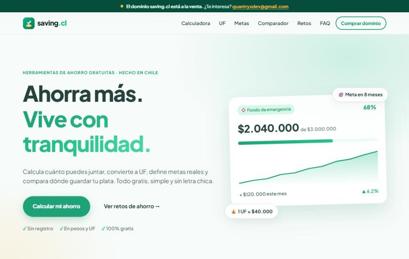 Portada de saving.cl con calculadora de ahorro y gráfico de metas